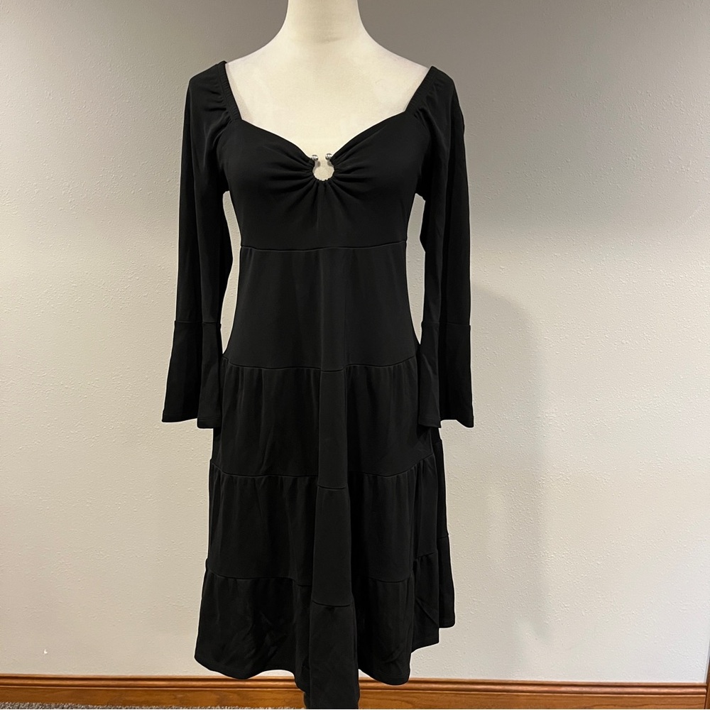 INC Black Long-Sleeve Tiered Dress with Keyhole Detail size‎ small